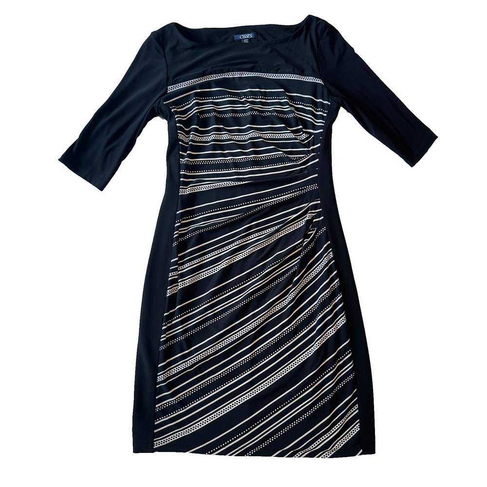Chaps Black & White Striped Half-Sleeve Lined Dress Women's Medium